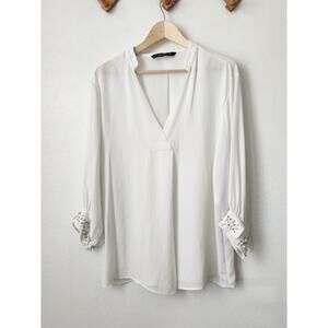 Zara womens white pearl beaded cuff flowy pullover top M poet sleeves